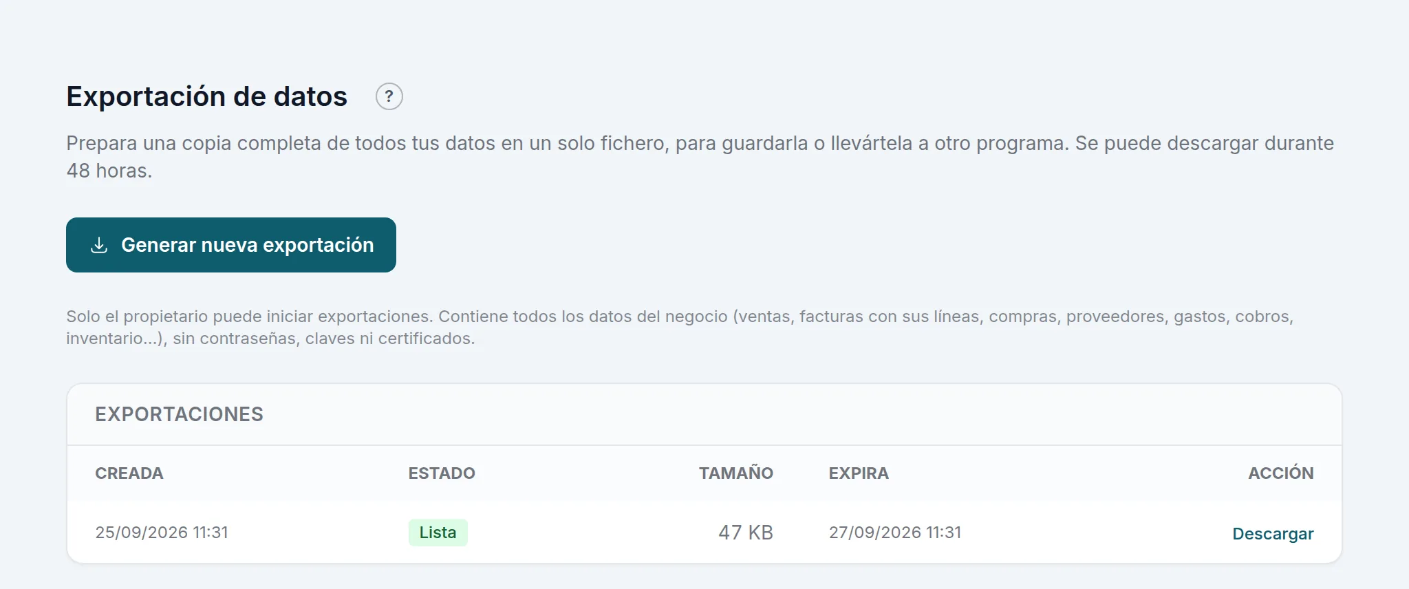 La exportación de los datos del comercio, lista para descargar