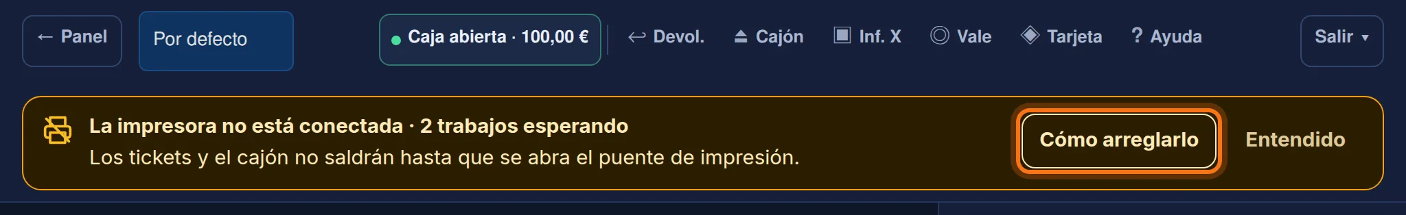 El aviso del TPV cuando la impresora no está conectada