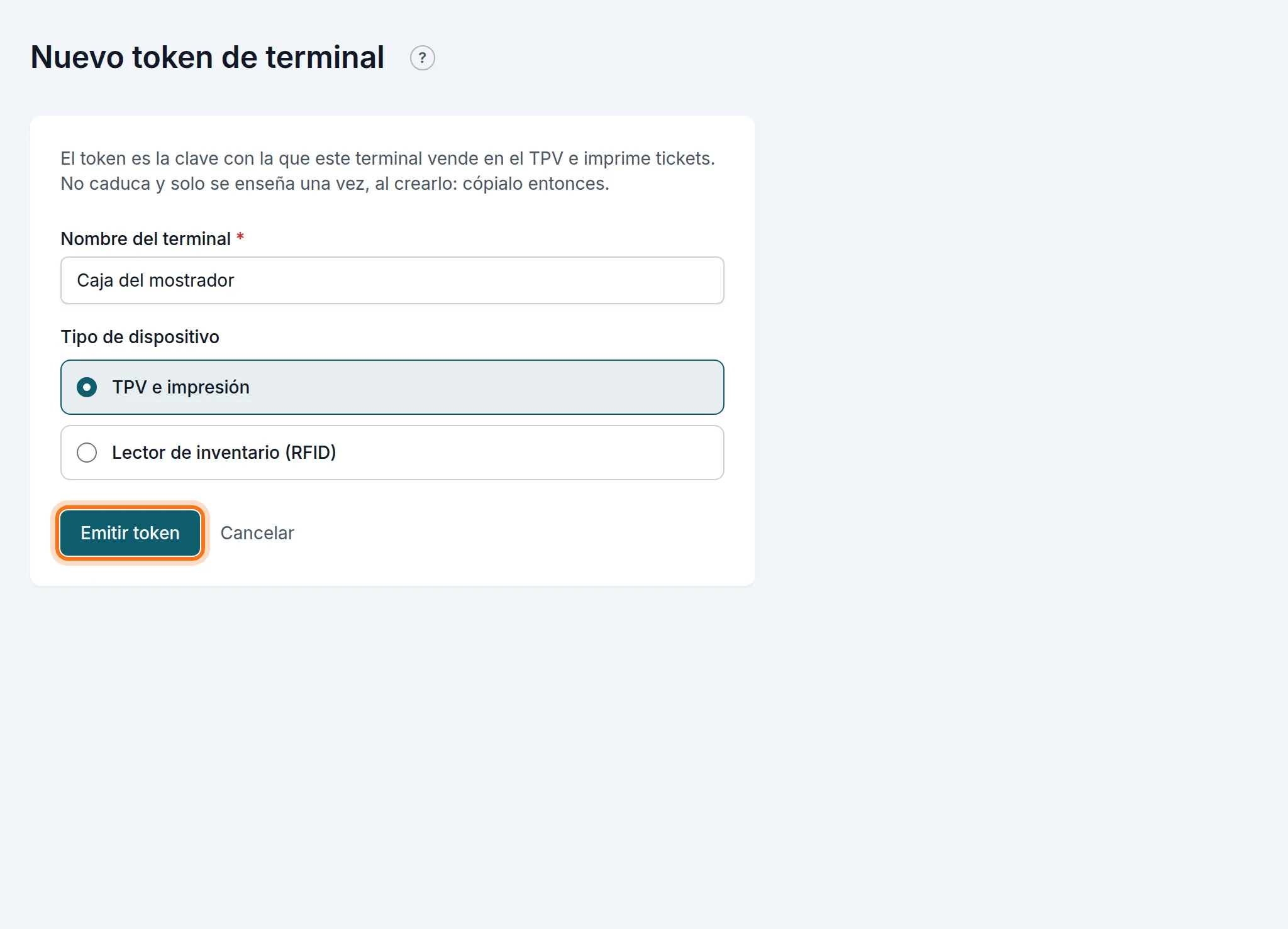 Emitir un token para la caja del mostrador