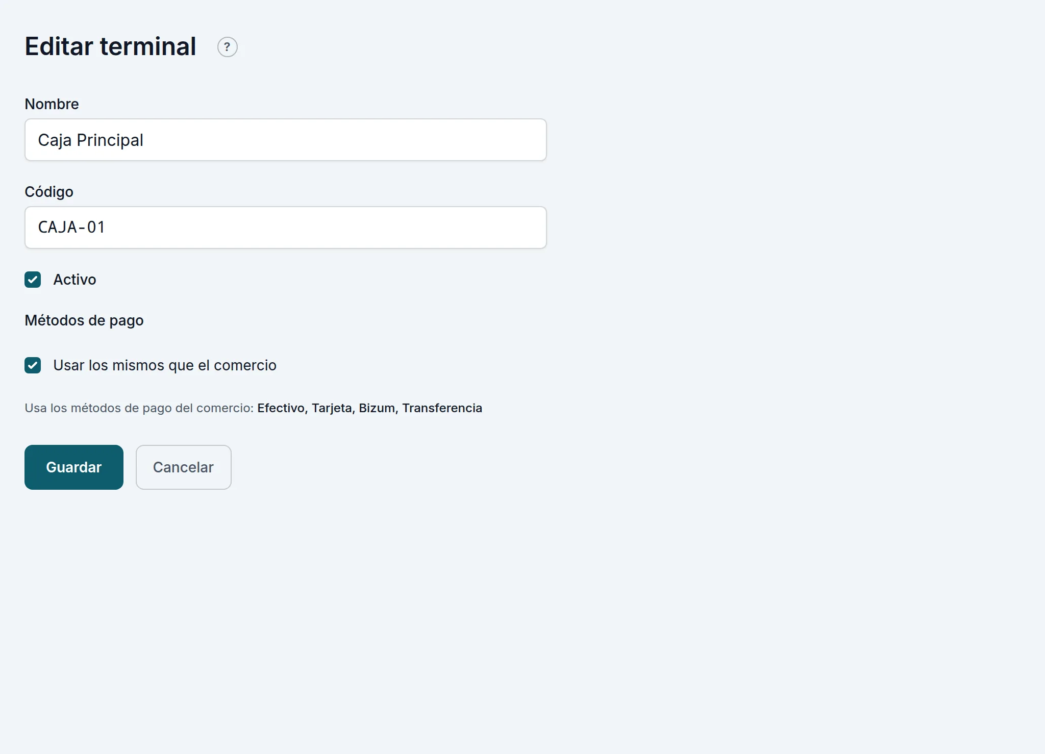 La ficha de un terminal: nombre, código y métodos de pago