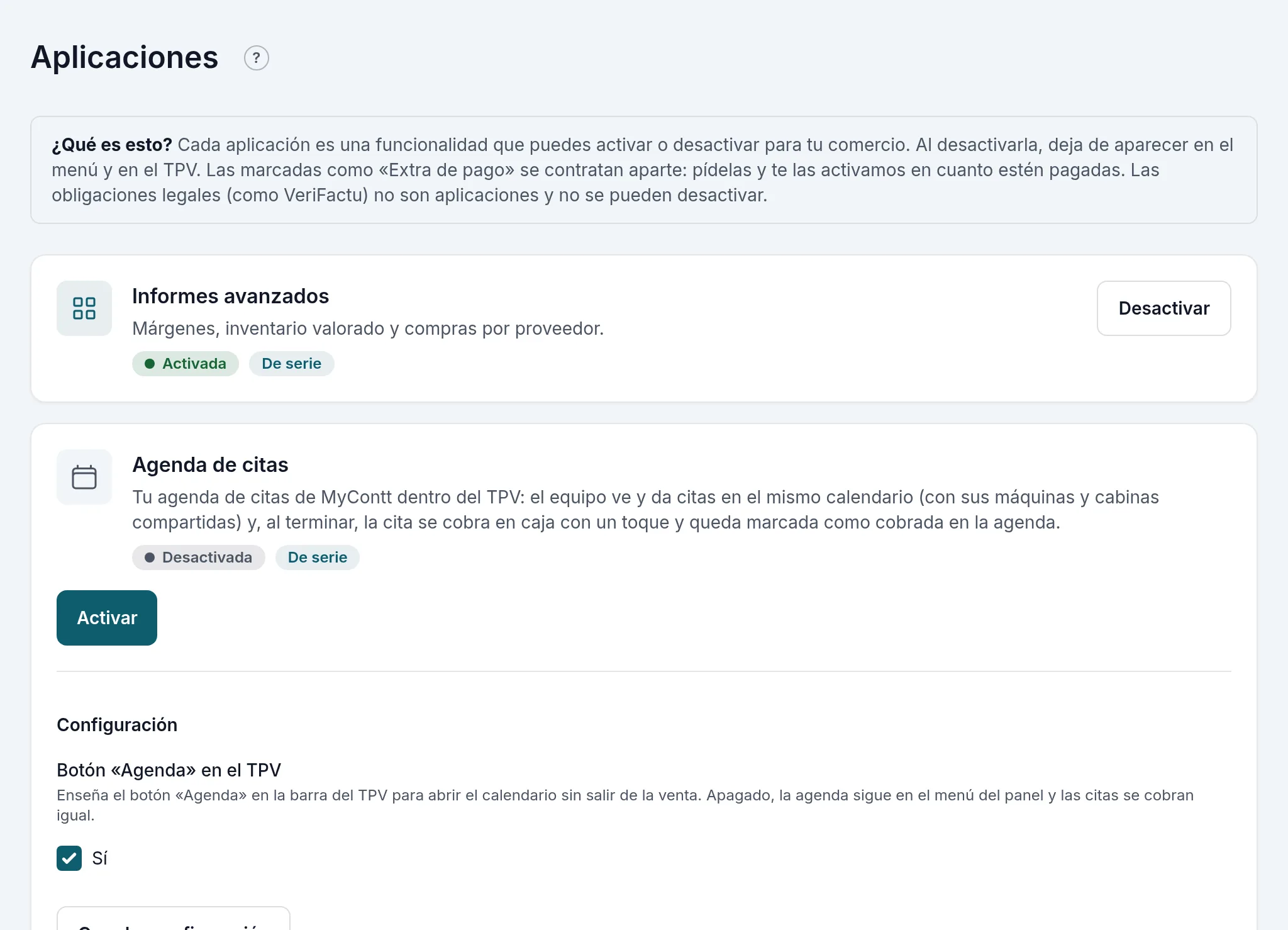 La pantalla de aplicaciones: cada una con su estado y su botón