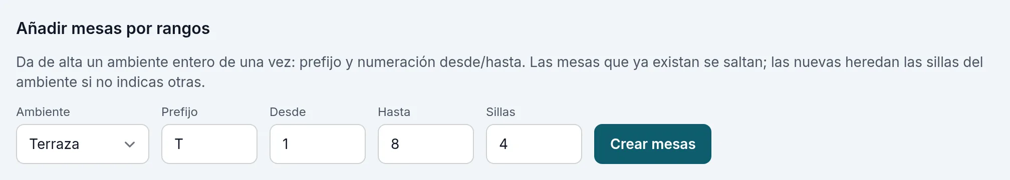 Añadir mesas por rangos