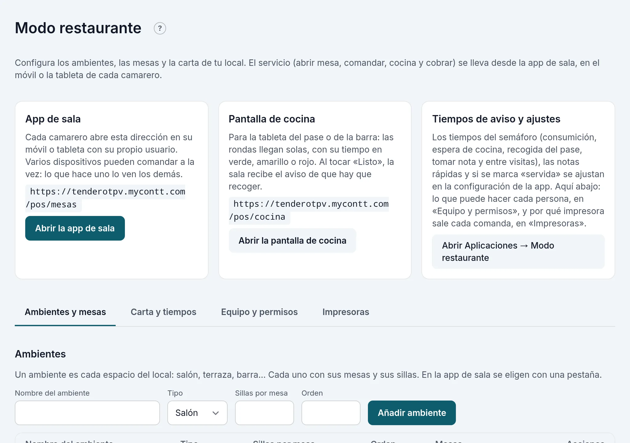 El panel del modo restaurante: la app de sala, la pantalla de cocina y los tiempos