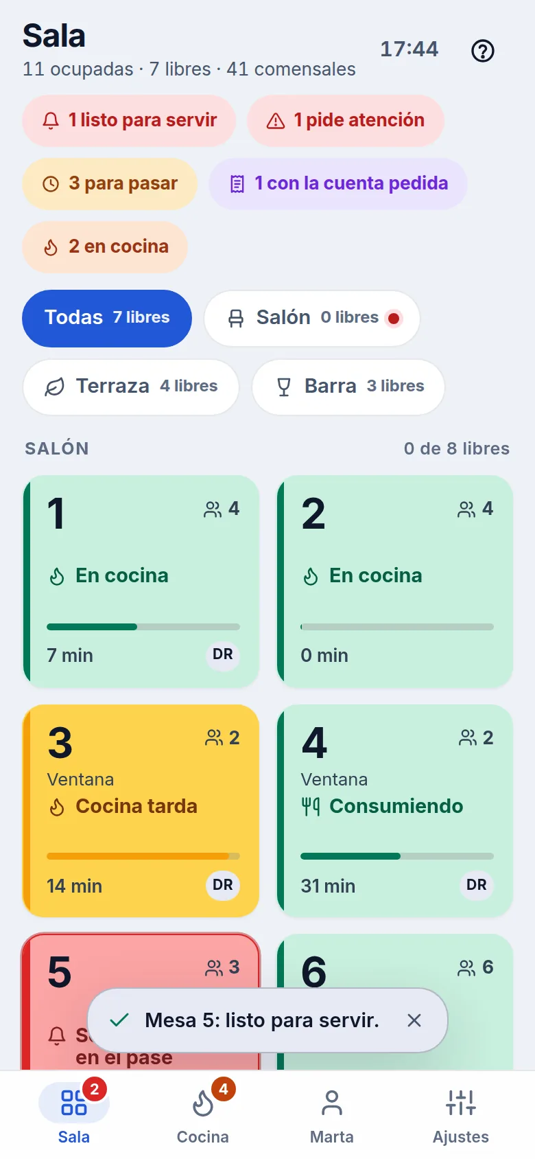 La sala en el móvil del camarero
