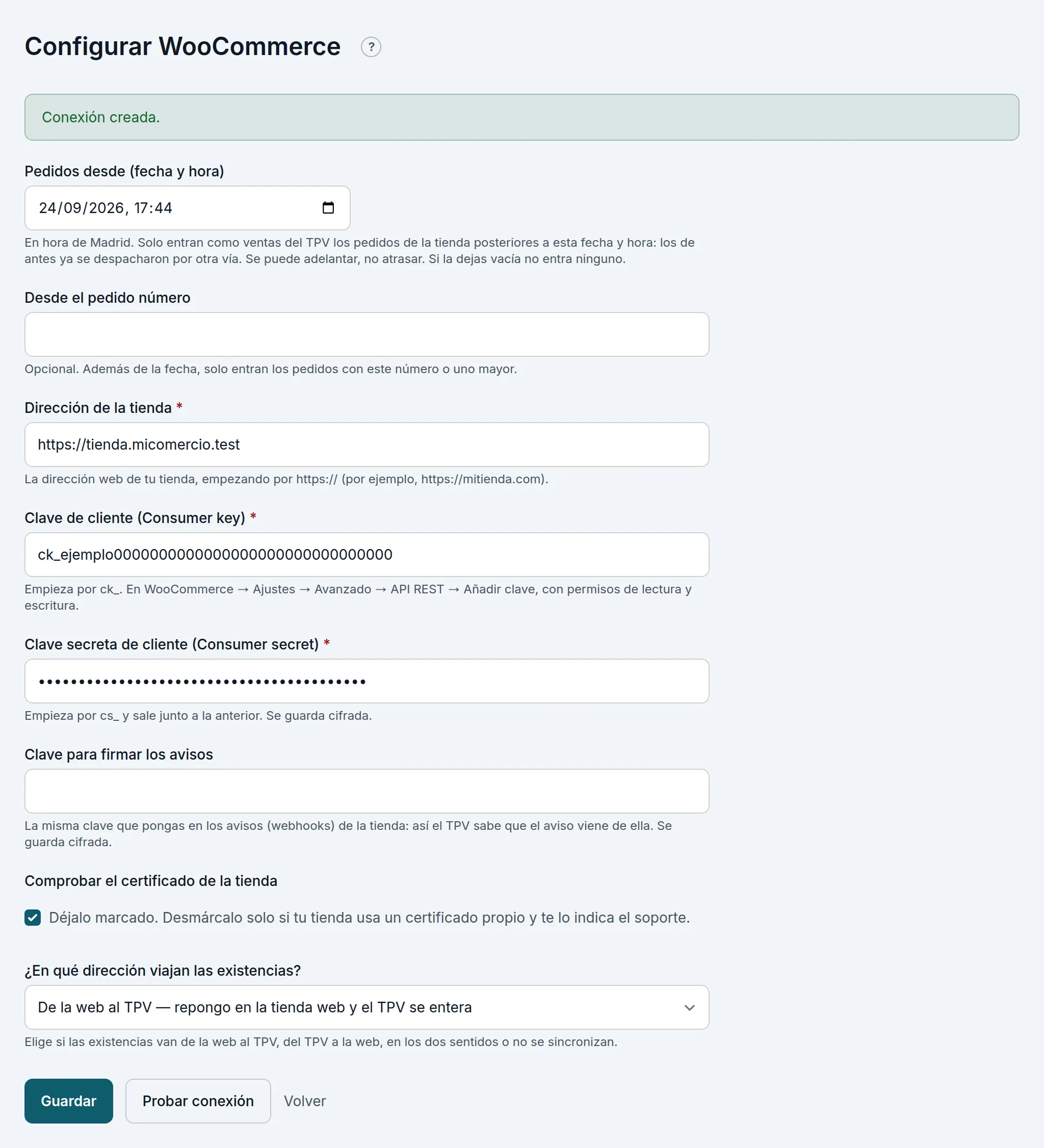 Los datos de una conexión de WooCommerce
