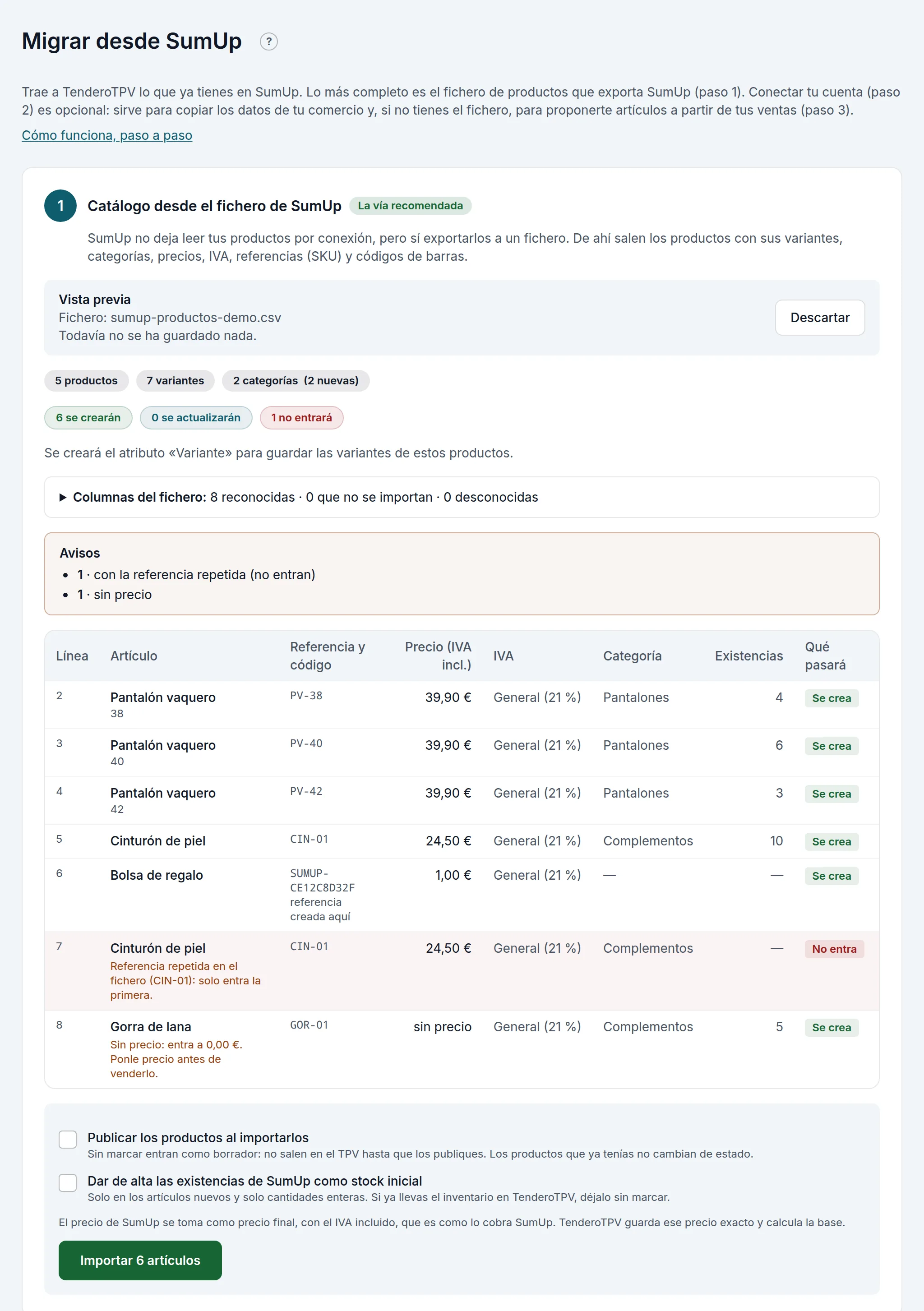 La vista previa del fichero de SumUp: lo que se crea y lo que no entra
