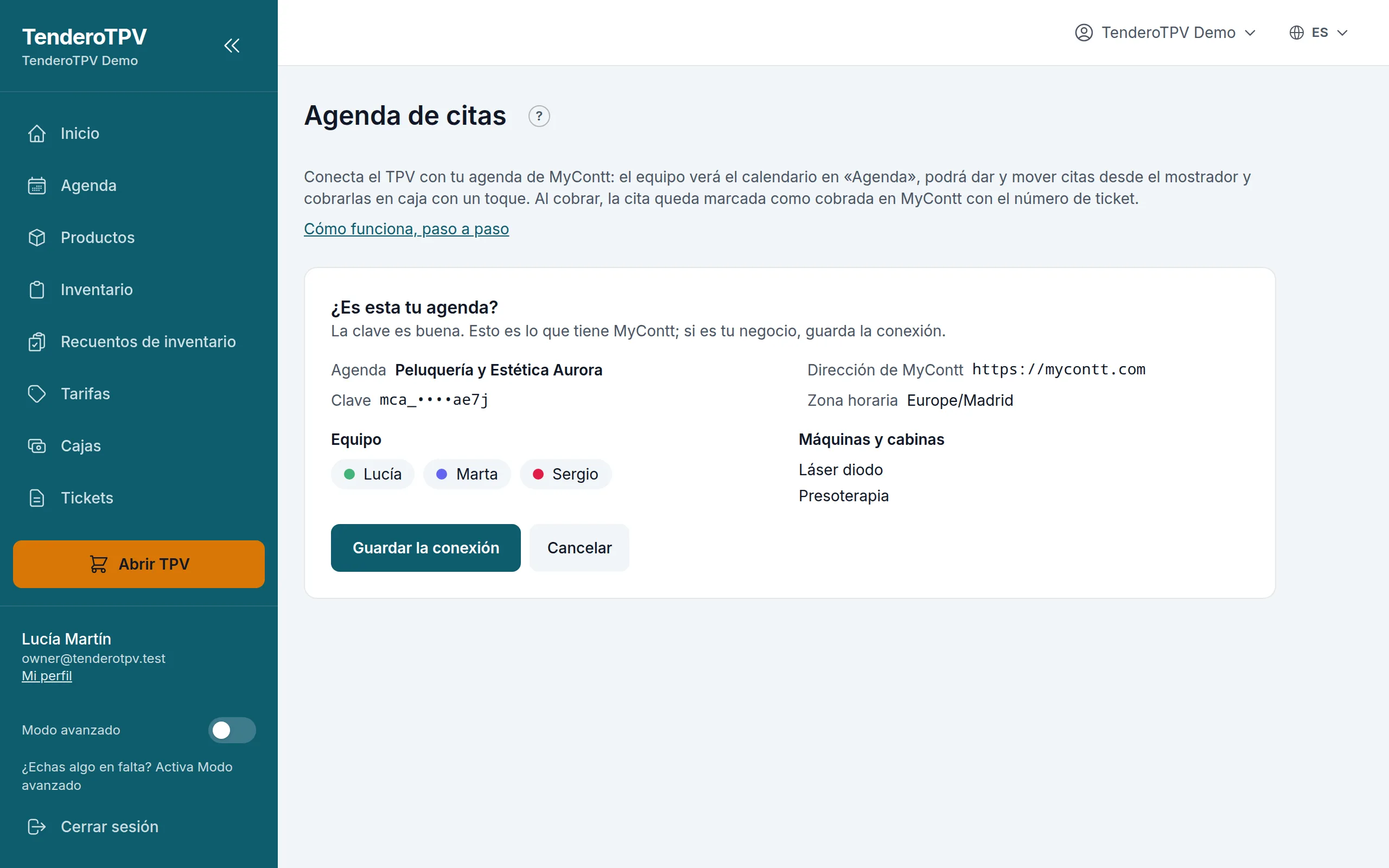 Antes de guardar, TenderoTPV enseña a qué agenda te conectas