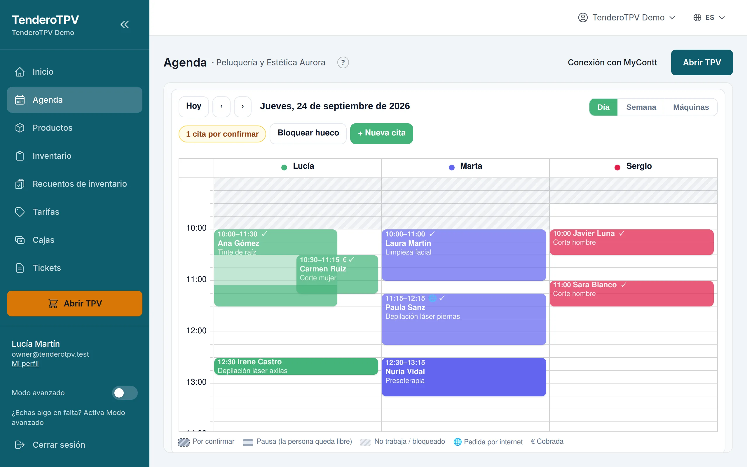 La agenda de MyContt dentro del panel de TenderoTPV