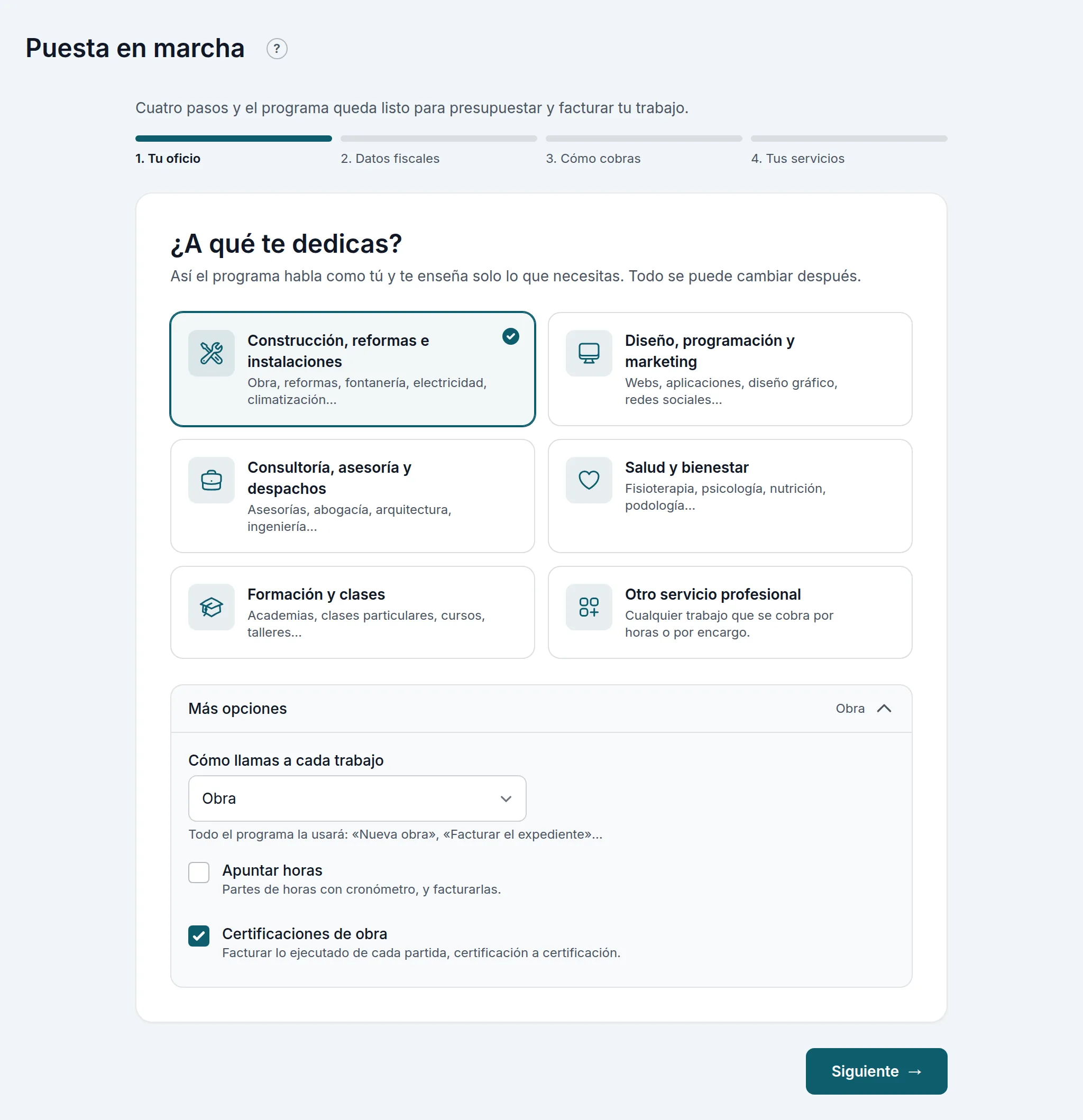 Paso 1: el oficio y, en «Más opciones», la palabra, las horas y las certificaciones