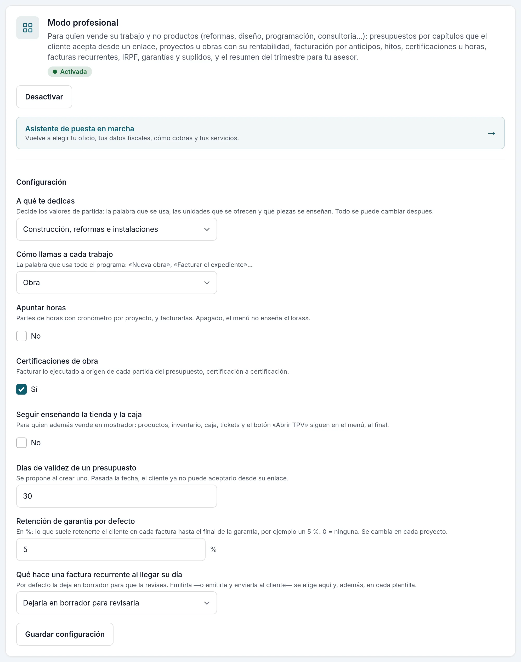 La configuración del modo profesional, con el enlace al asistente