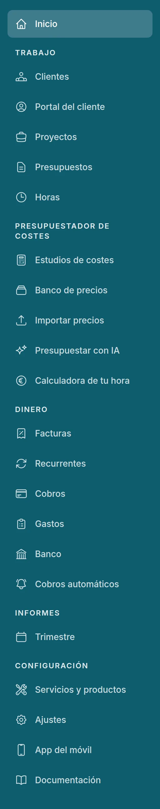 El menú del modo profesional (el de un estudio de diseño, con «Proyectos» y «Horas»)