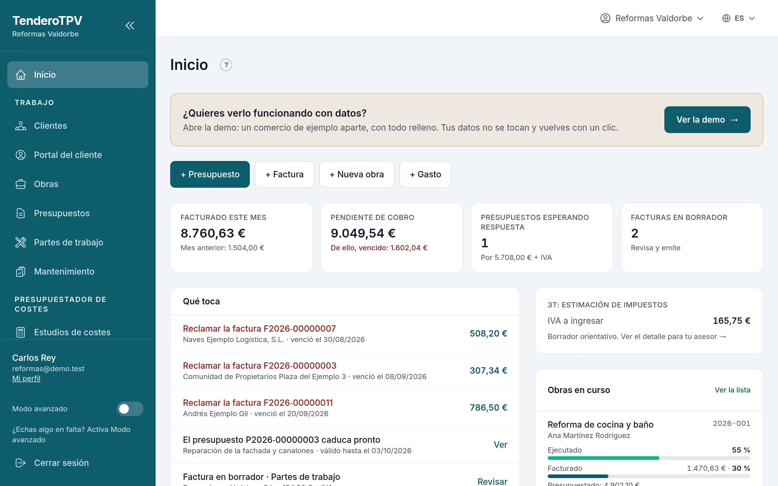 La portada: accesos rápidos, cifras, «Qué toca», el trimestre y las obras en curso