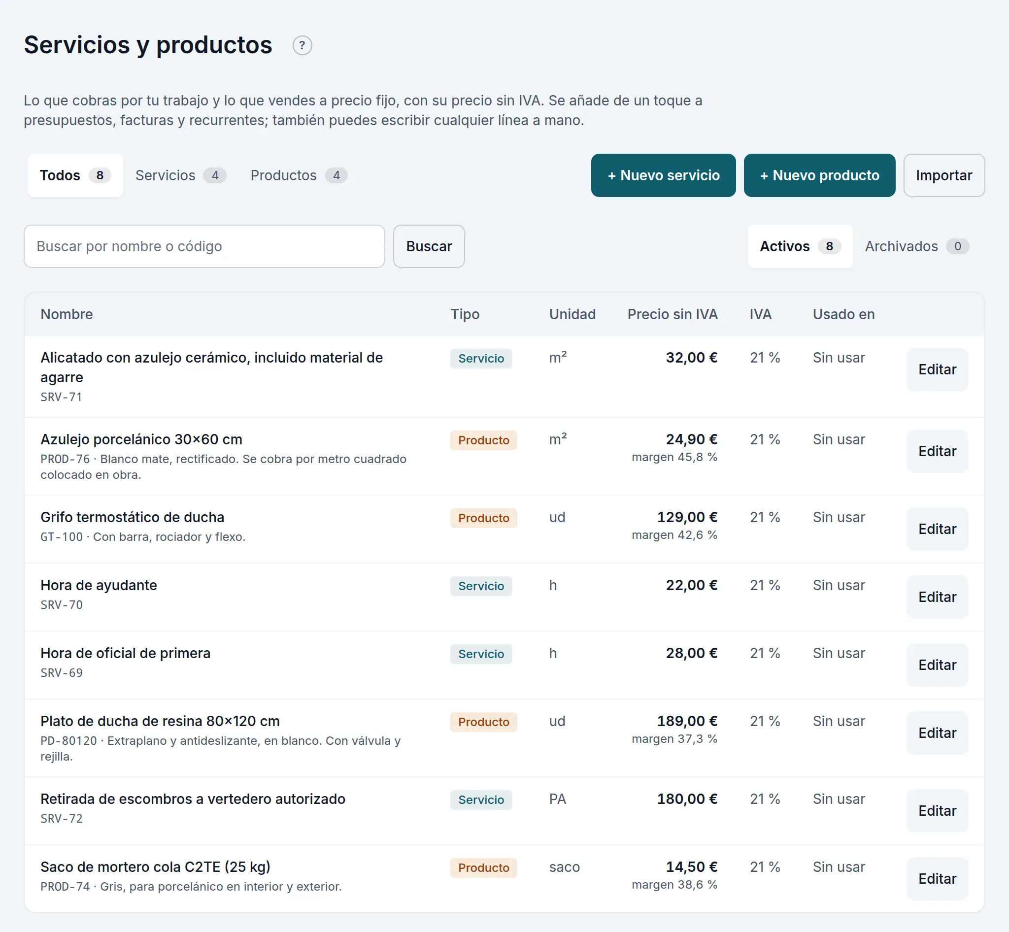 La lista de servicios, con su unidad, su precio sin IVA y dónde se ha usado