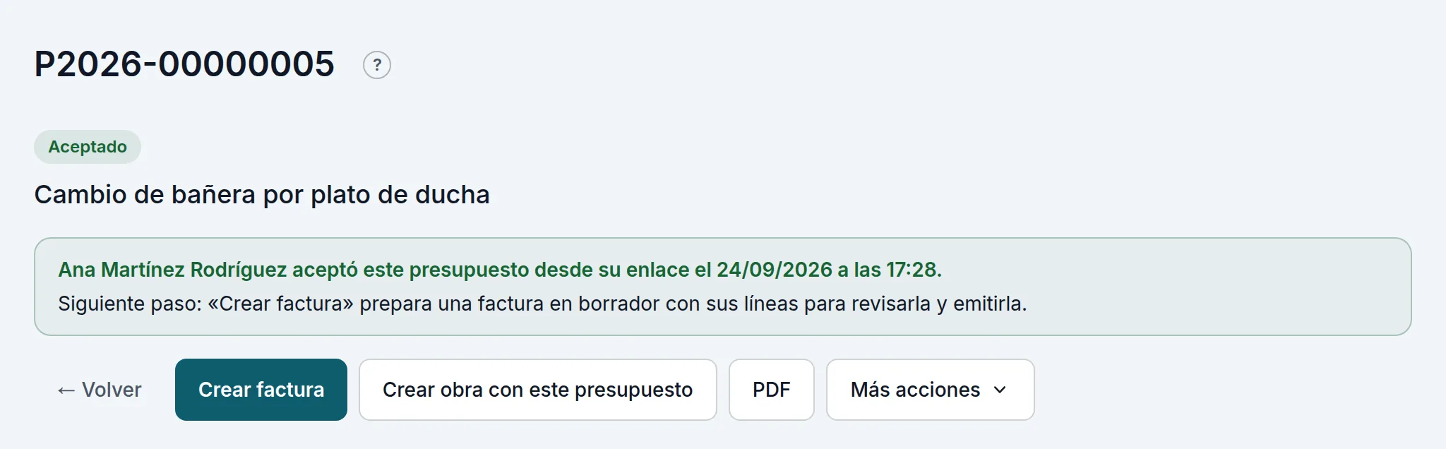 El presupuesto aceptado desde el enlace, con los botones de lo que viene después