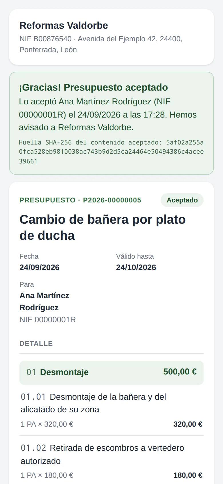 La confirmación que ve el cliente, con la huella del contenido
