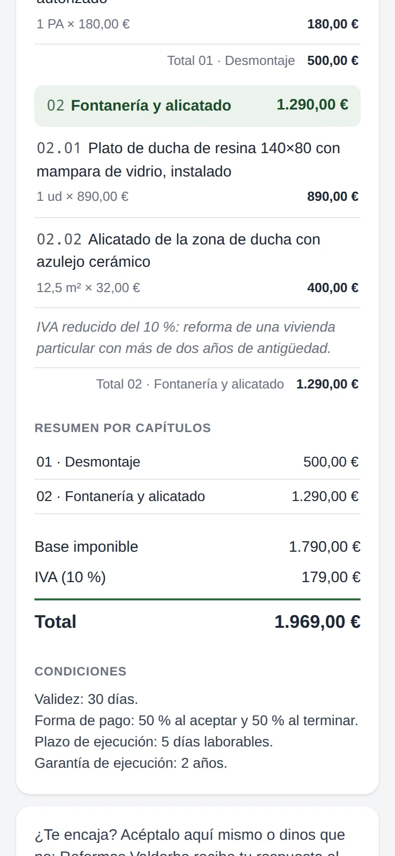 Más abajo: el resumen por capítulos, los totales y las condiciones