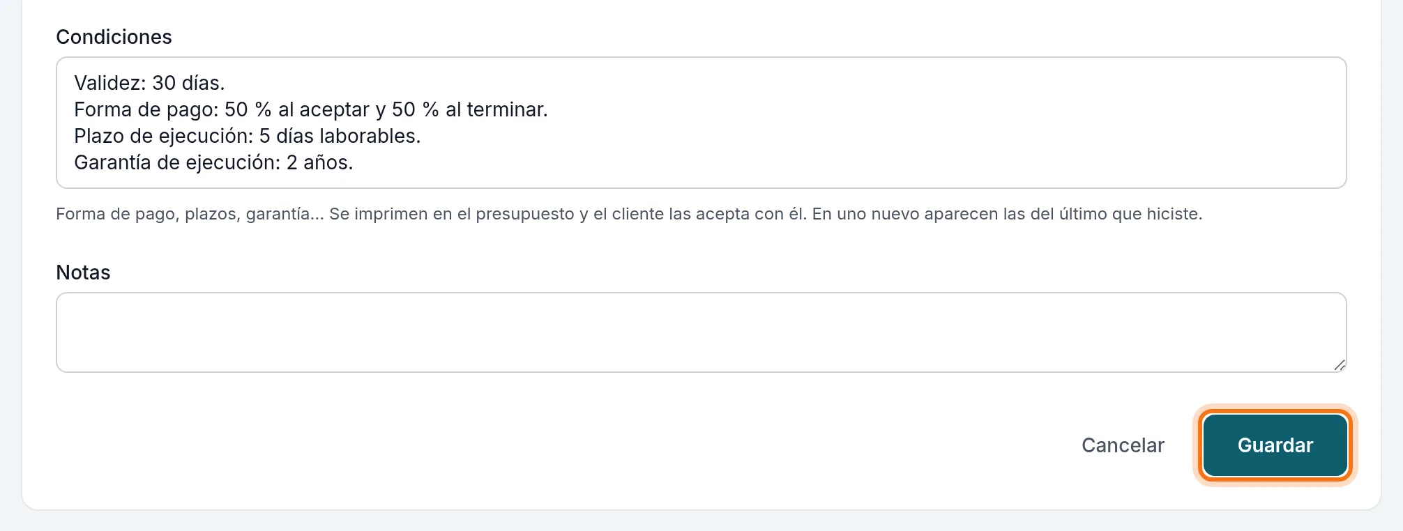 Las condiciones del presupuesto y el botón Guardar