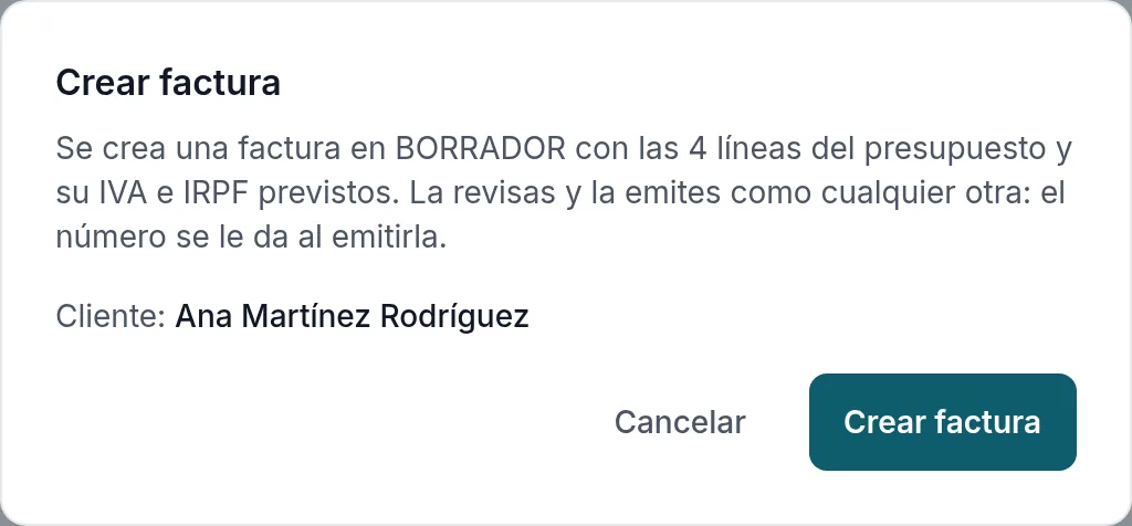 Crear factura: un borrador con las líneas del presupuesto