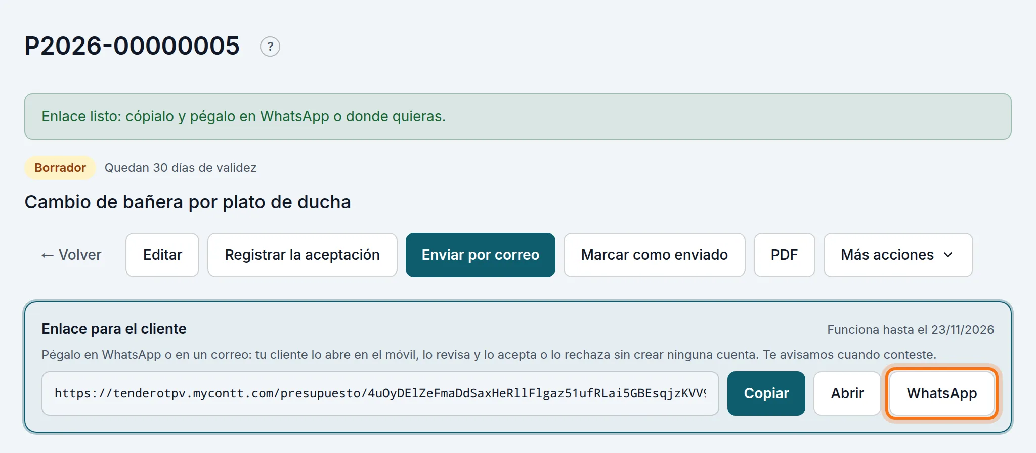 El enlace para el cliente: copiarlo, abrirlo o mandarlo por WhatsApp