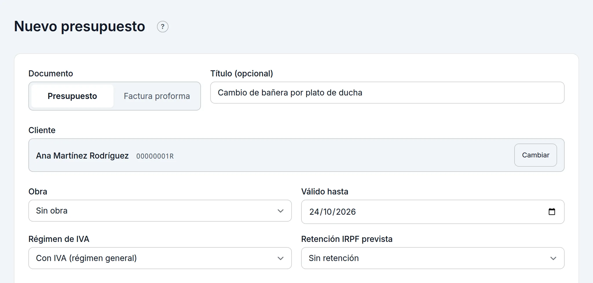 La cabecera de un presupuesto nuevo