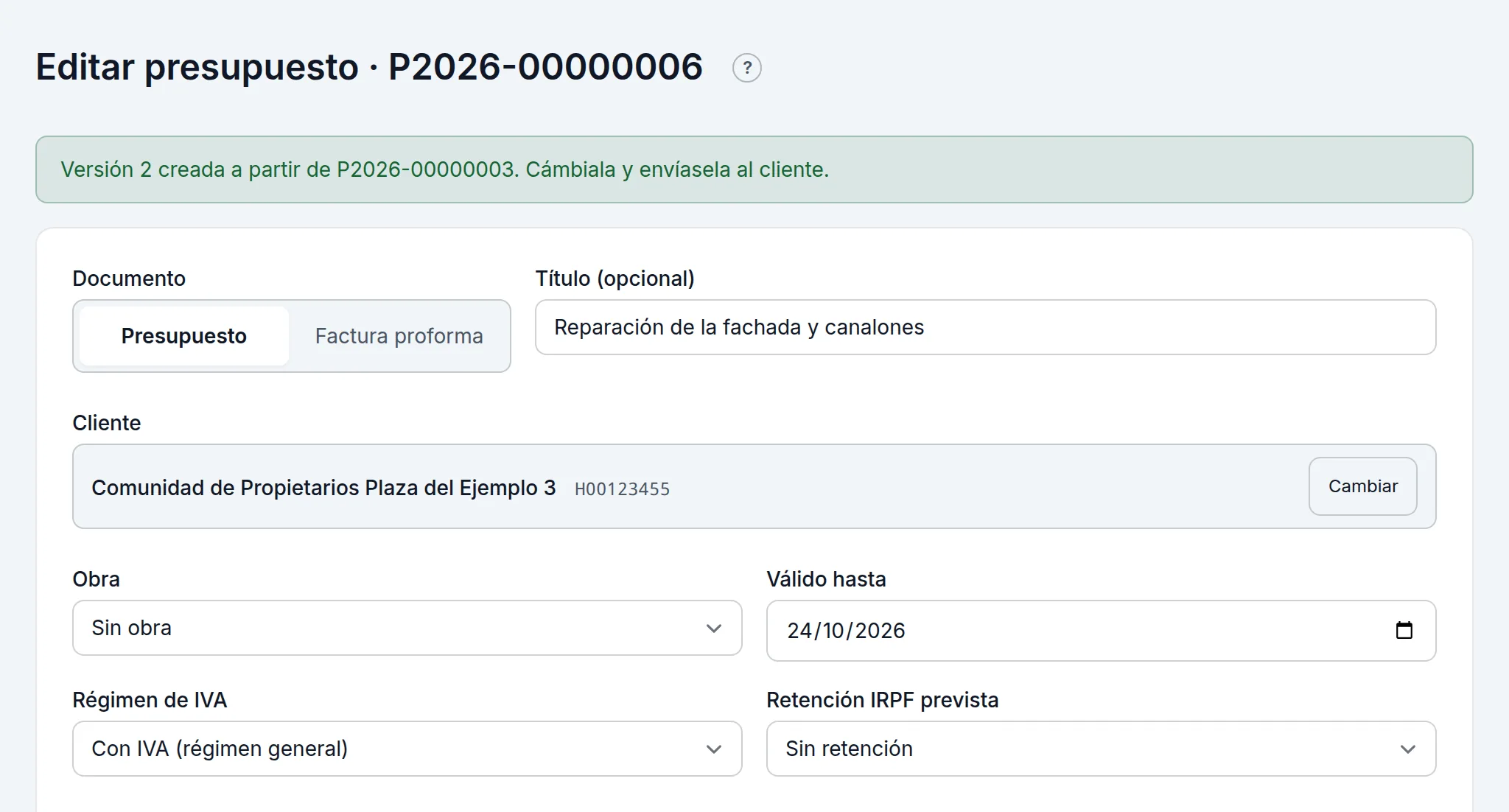 La versión 2 de un presupuesto enviado, lista para cambiarla y mandarla