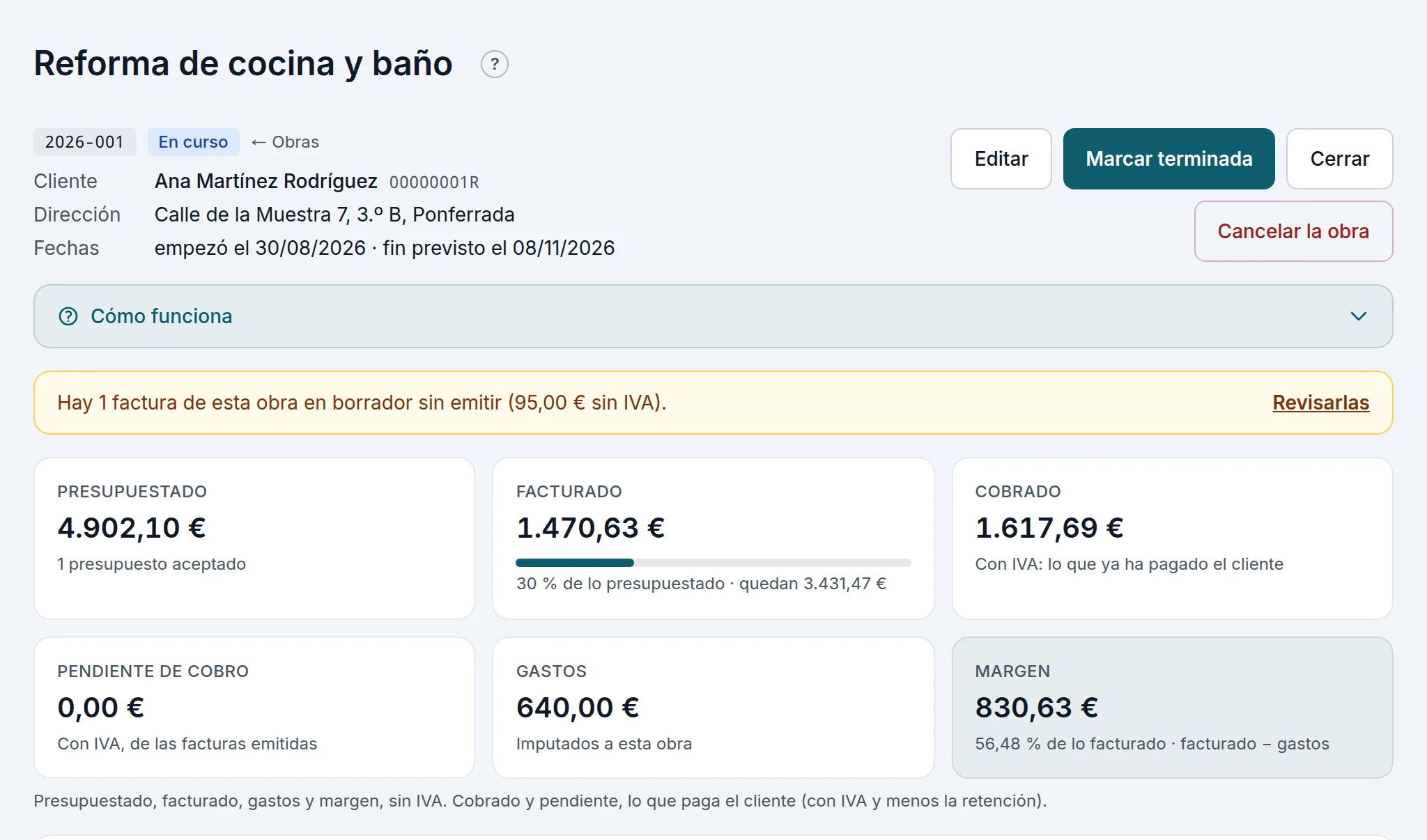 La ficha de una obra: cabecera, aviso de borradores y la economía