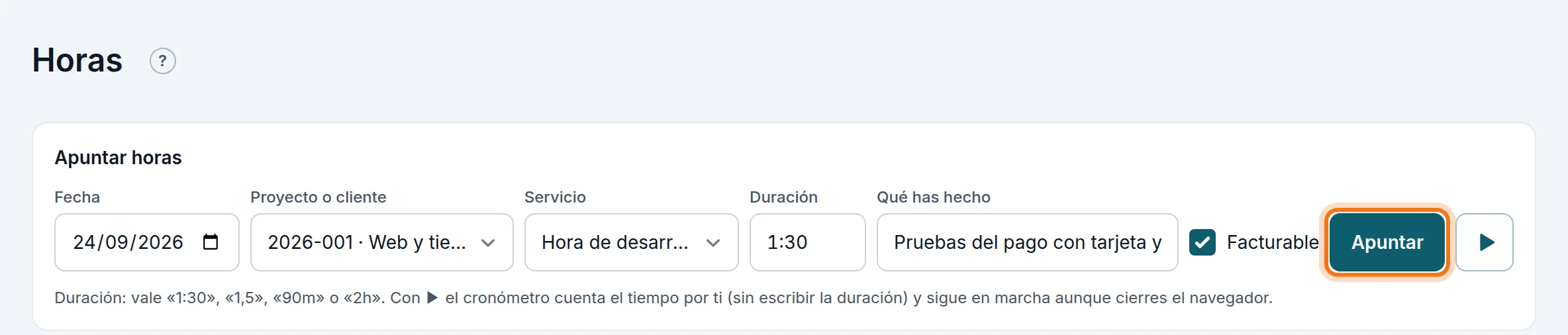 Apuntar un parte de hora y media