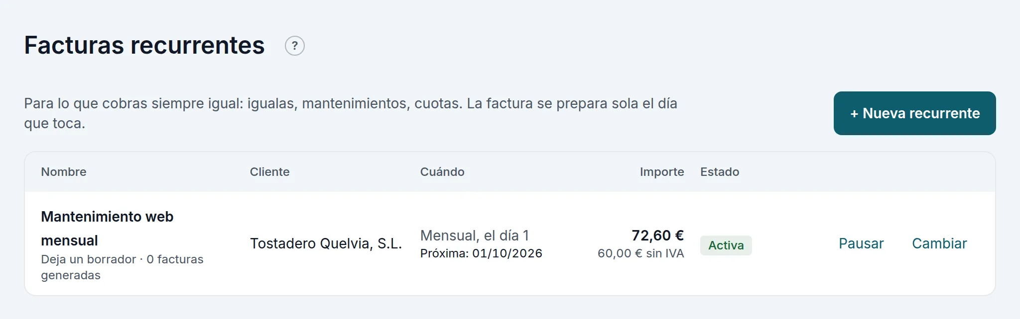 La lista de facturas recurrentes