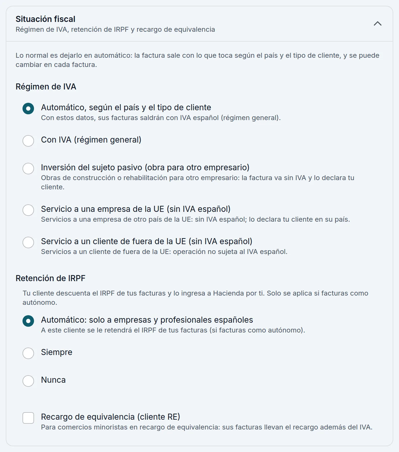La facturación de un cliente: régimen de IVA y retención de IRPF