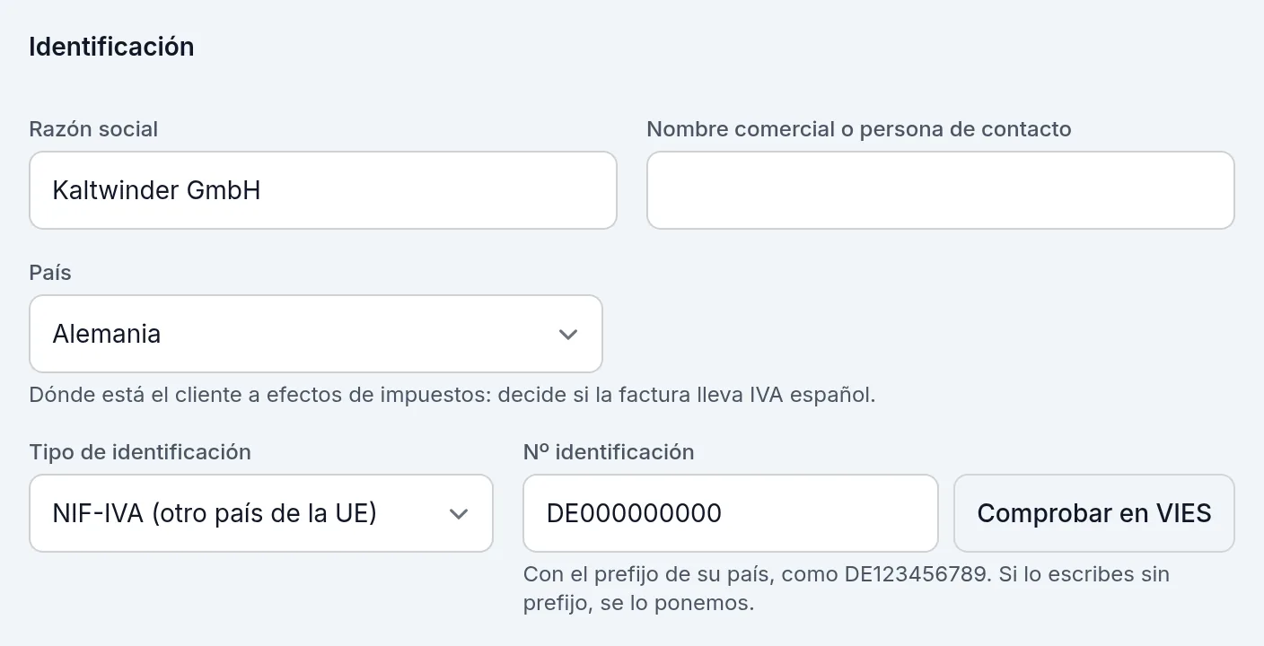 Un cliente de Alemania con su NIF-IVA y el botón Comprobar en VIES