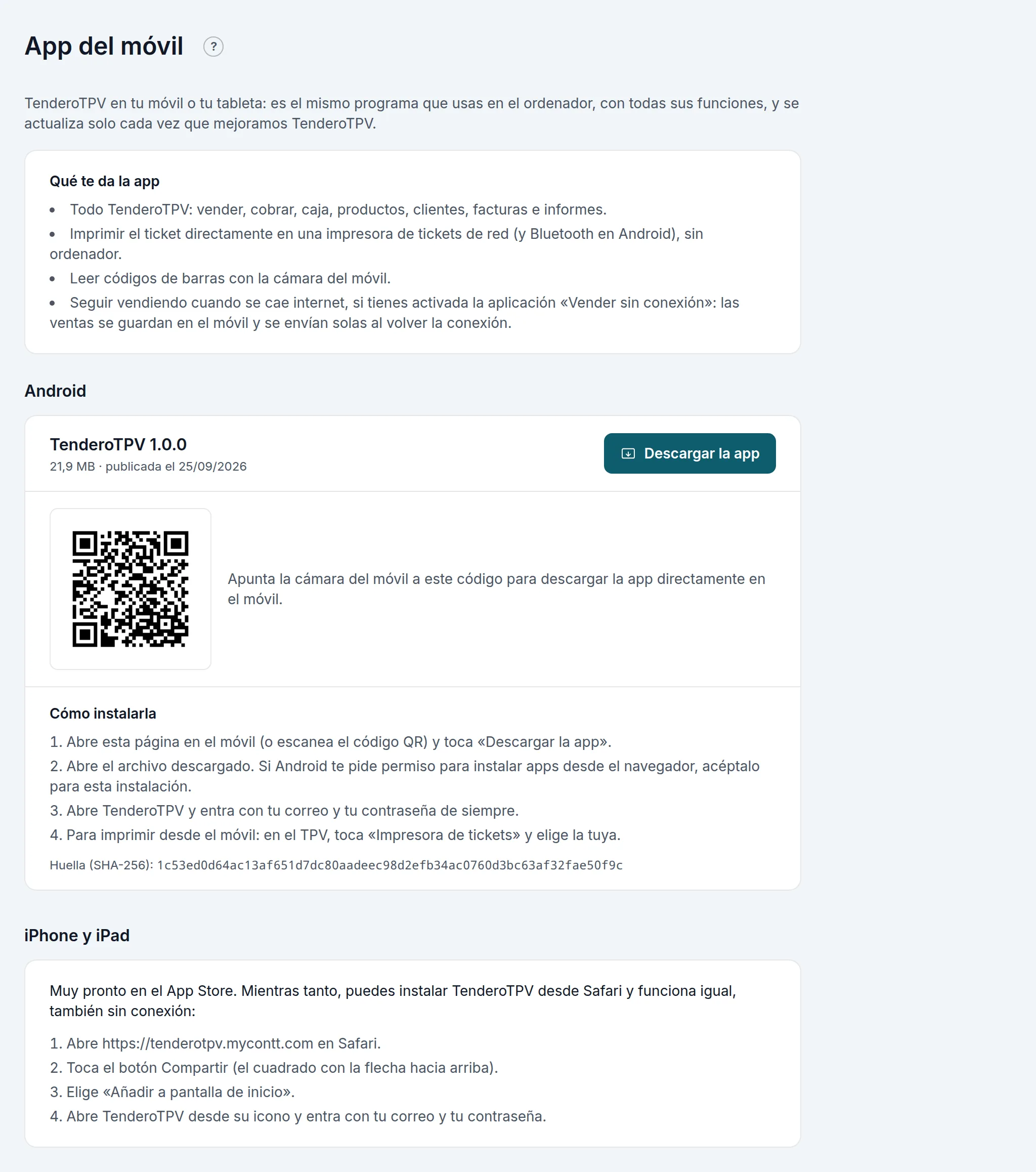 La página «App del móvil»: la app de Android con su código QR y los pasos para el iPhone