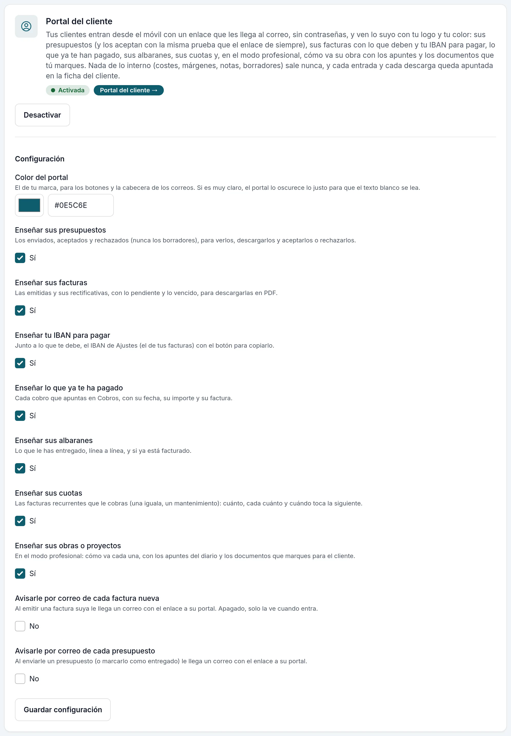 La tarjeta del Portal del cliente, con qué se enseña, el color y los avisos