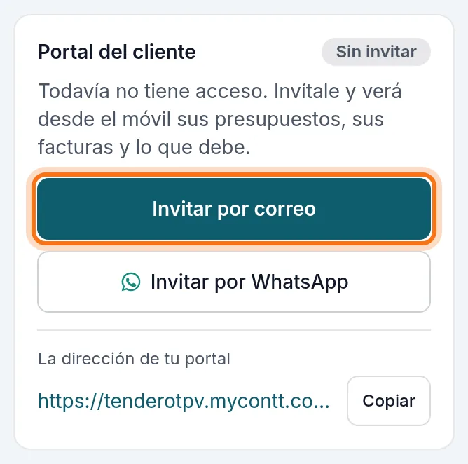 La ficha de un cliente de empresa sin invitar, con «Invitar por correo»