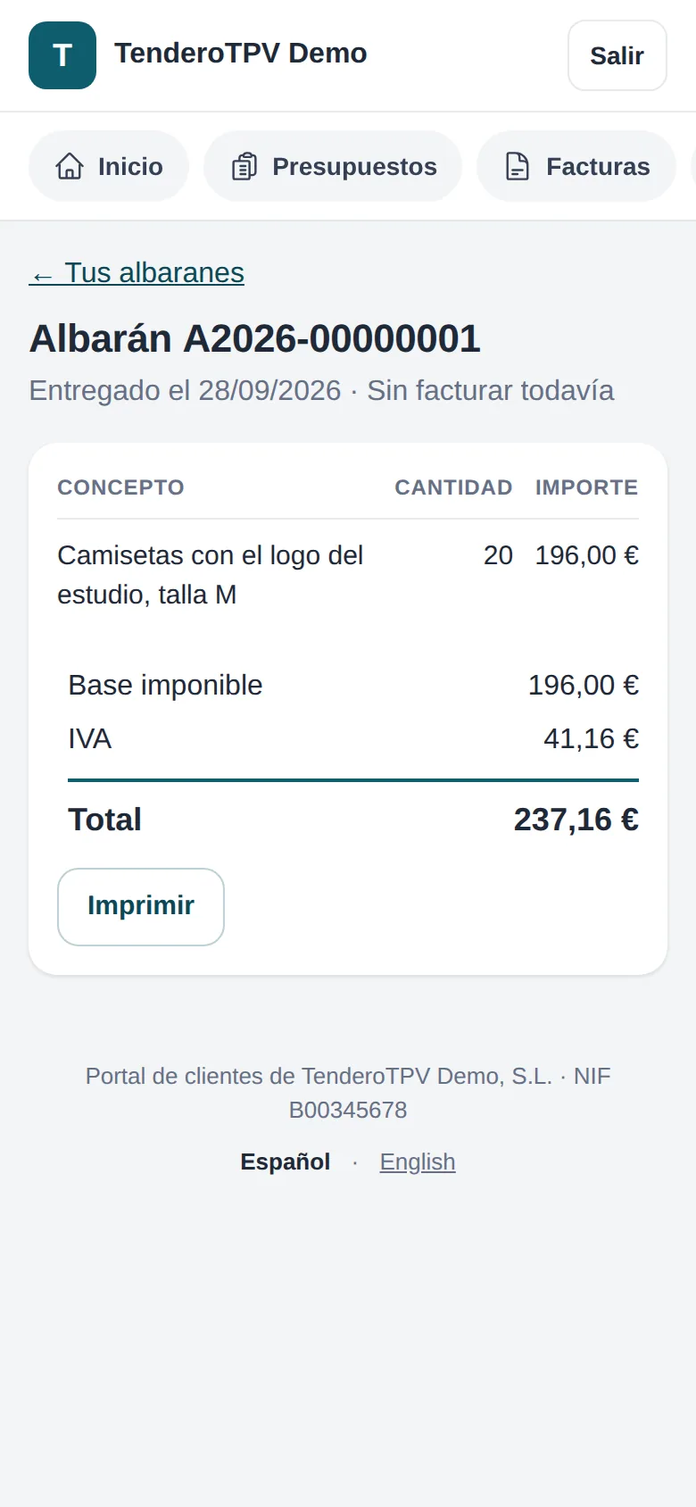 Un albarán, línea a línea, con «Imprimir»