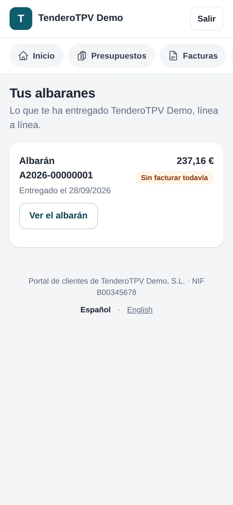 Sus albaranes: el de hoy, sin facturar todavía