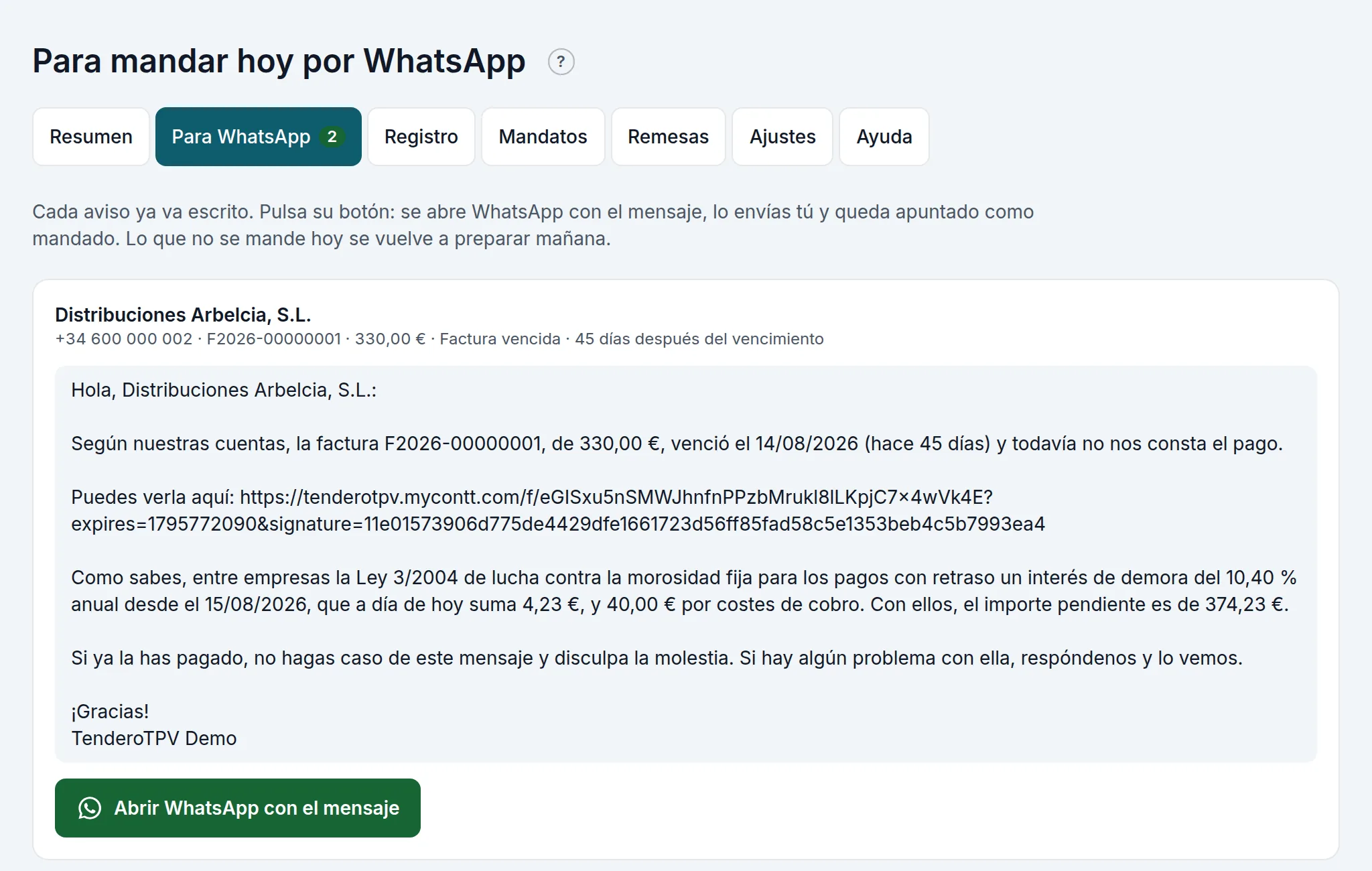 Para mandar hoy por WhatsApp: una factura vencida de una empresa, con los intereses de la ley