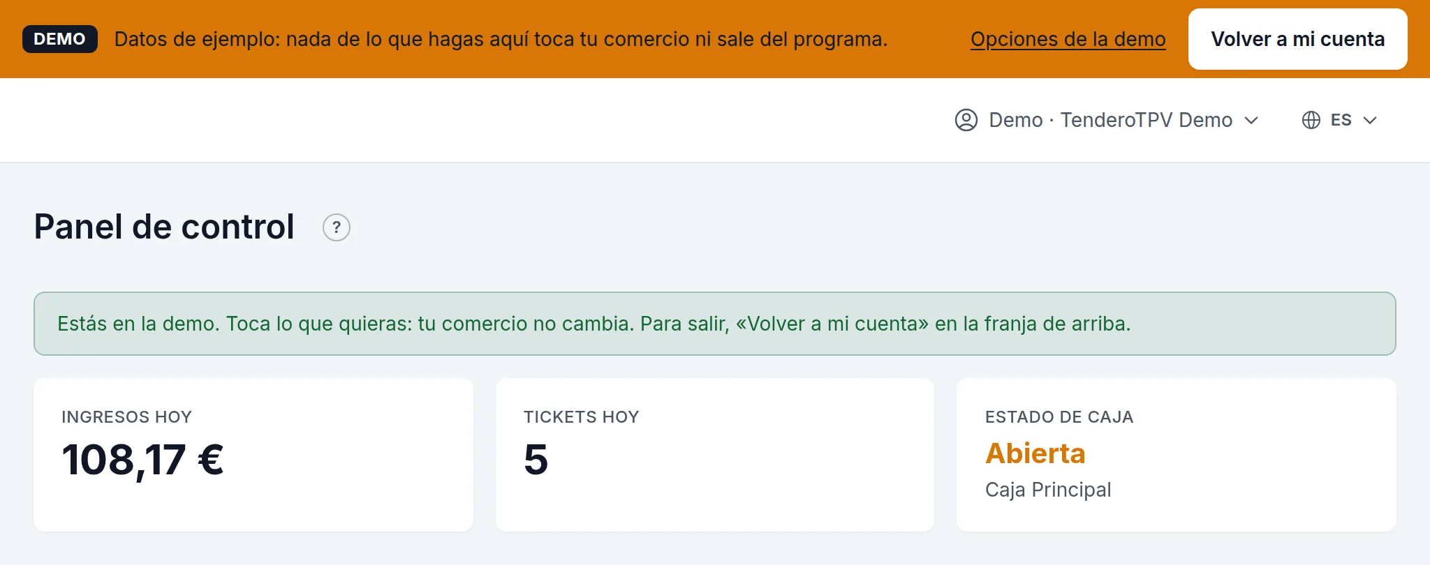 Dentro de la demo de tienda: la franja naranja, tu cuenta con «Demo ·» y el comercio de ejemplo ya relleno