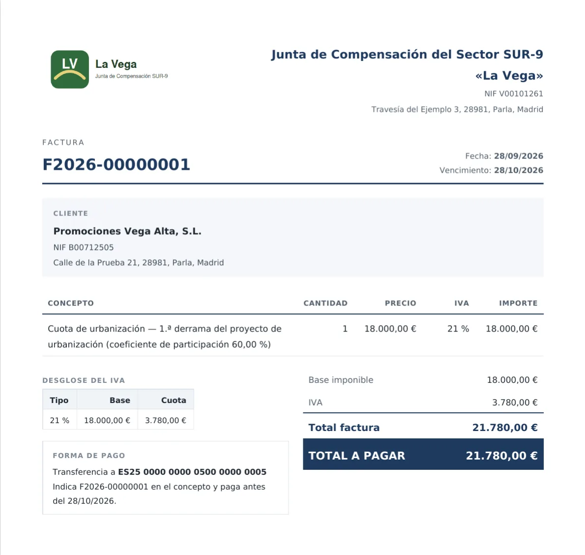 El PDF: arriba, el logotipo y los datos de la junta; debajo, su cliente, la derrama, el total y la transferencia a su IBAN