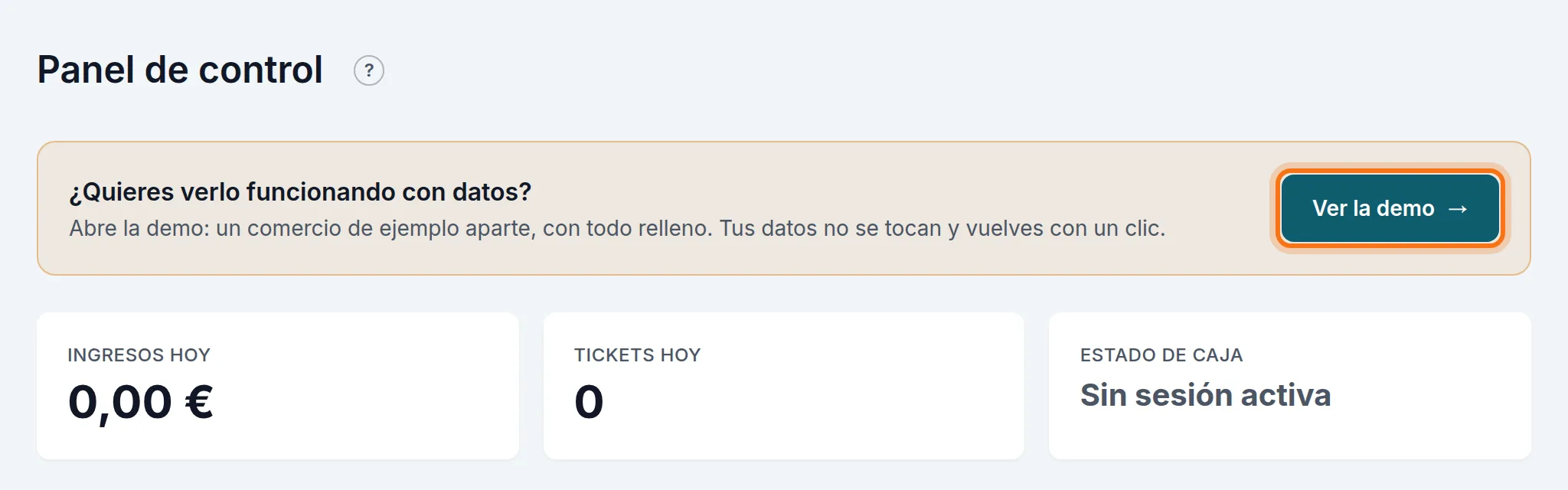 La portada de un comercio nuevo: «¿Quieres verlo funcionando con datos?» y el botón Ver la demo