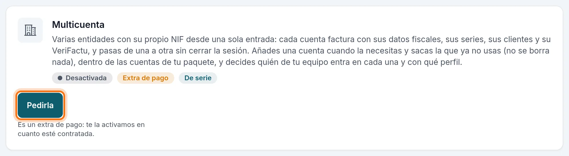 La tarjeta de la Multicuenta en Aplicaciones: «Extra de pago» y el botón Pedirla