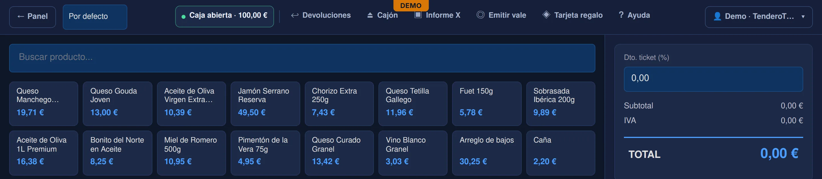 El TPV de la demo: la marca DEMO arriba, en el centro, y la cuenta con «Demo ·»