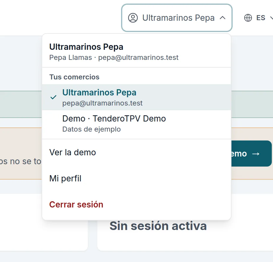 De vuelta en tu comercio: la demo de tienda, en «Tus comercios», con «Datos de ejemplo»