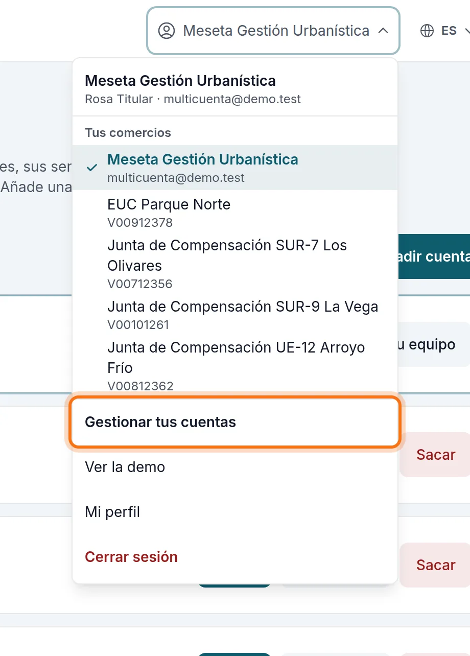 El menú de tu cuenta: tus cuentas, cada una con su NIF, y «Gestionar tus cuentas»
