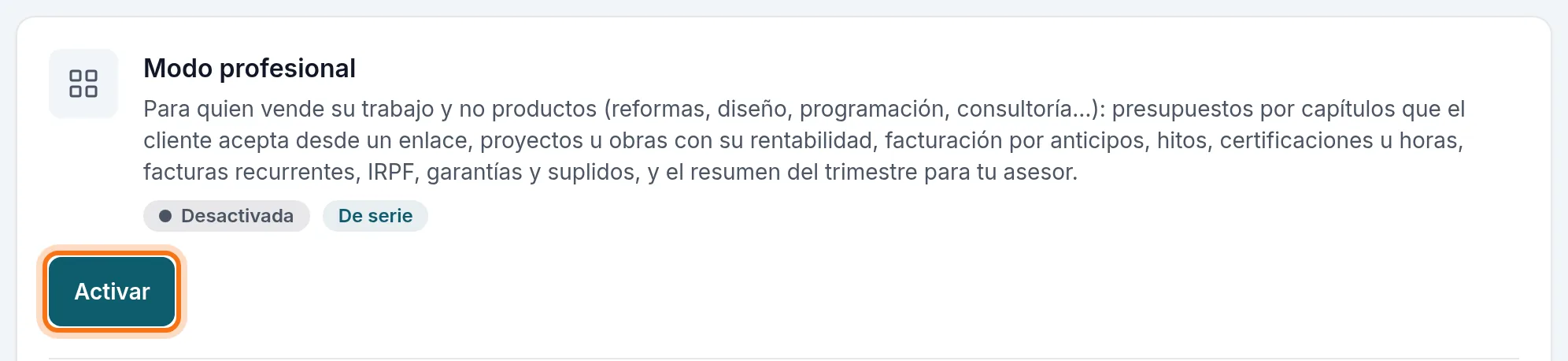 La tarjeta del Modo profesional apagada, con su botón Activar