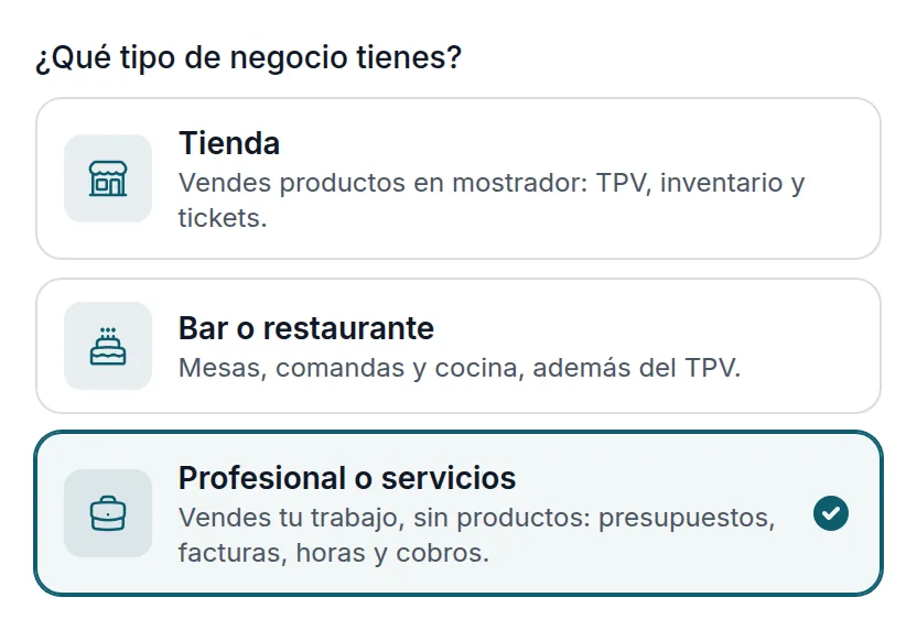Al darte de alta: «Profesional o servicios»