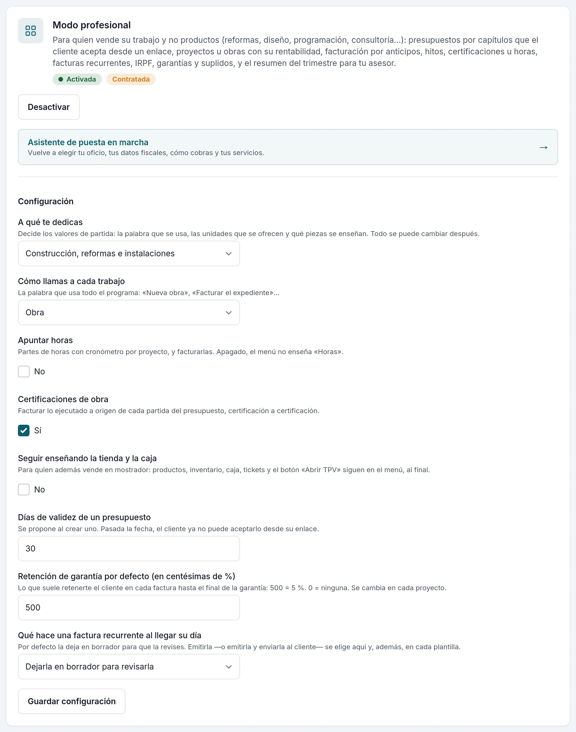 La configuración del modo profesional, con el enlace al asistente