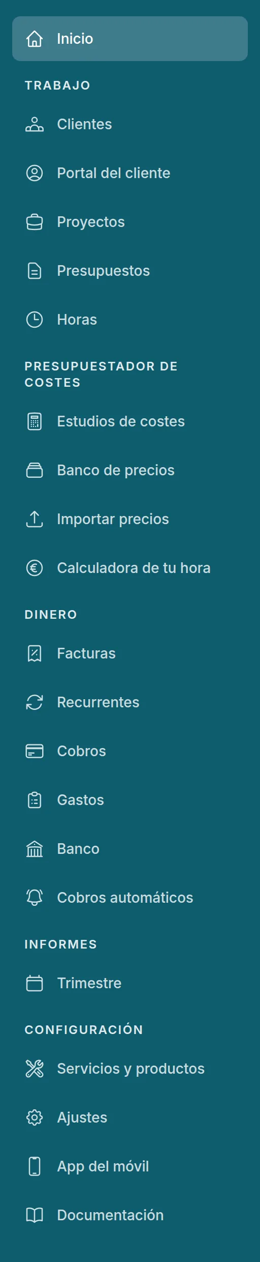 El menú del modo profesional (el de un estudio de diseño, con «Proyectos», «Horas», el Presupuestador de costes, el Portal del cliente, «Banco» y «Cobros automáticos»)