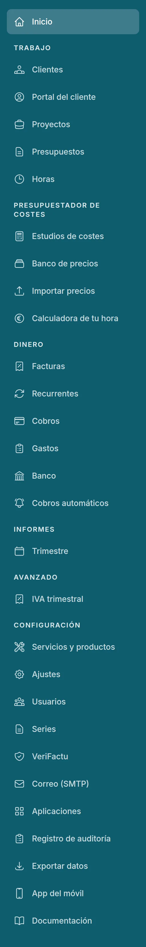 El menú en modo avanzado