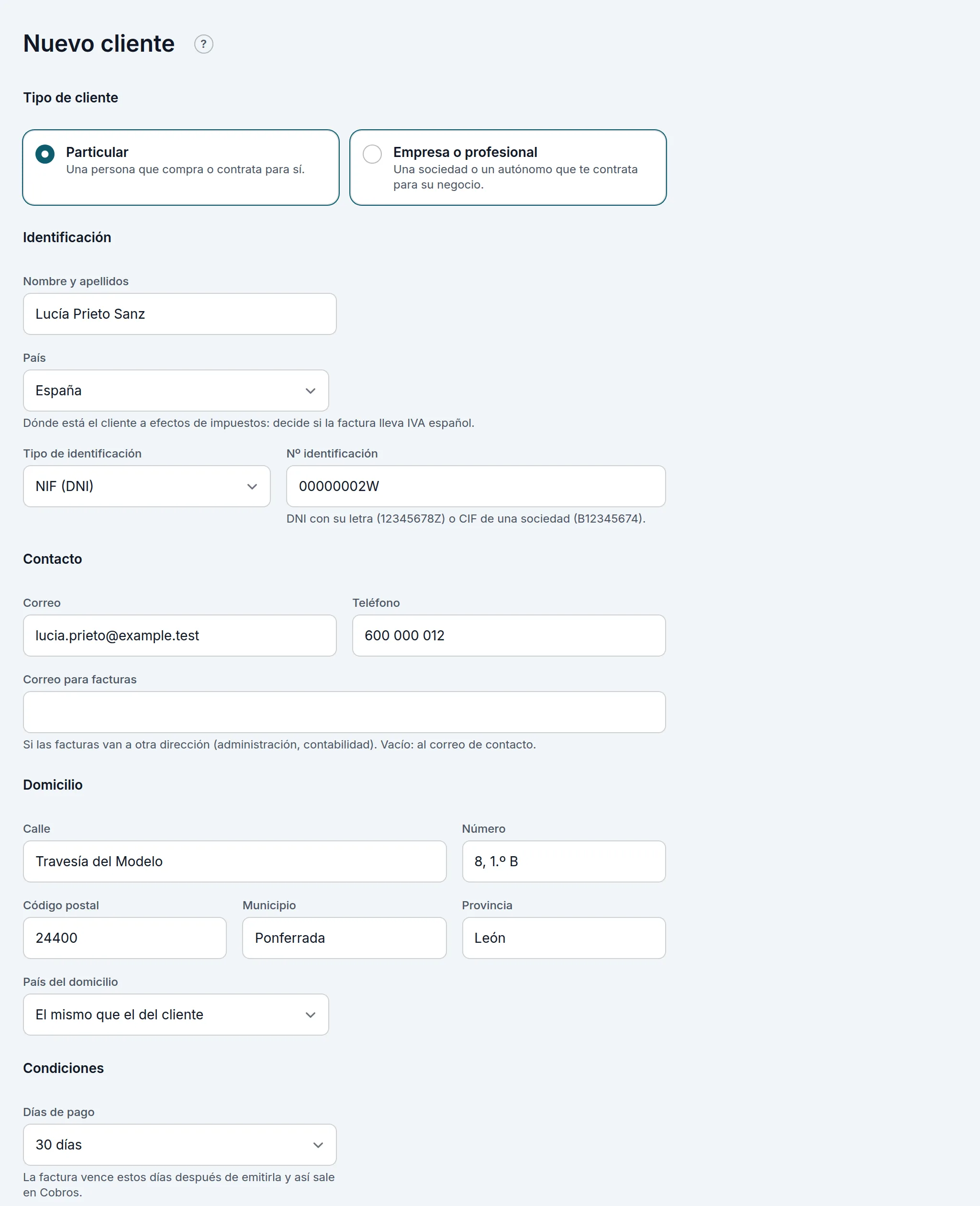 Un cliente nuevo: identificación, contacto, domicilio y días de pago