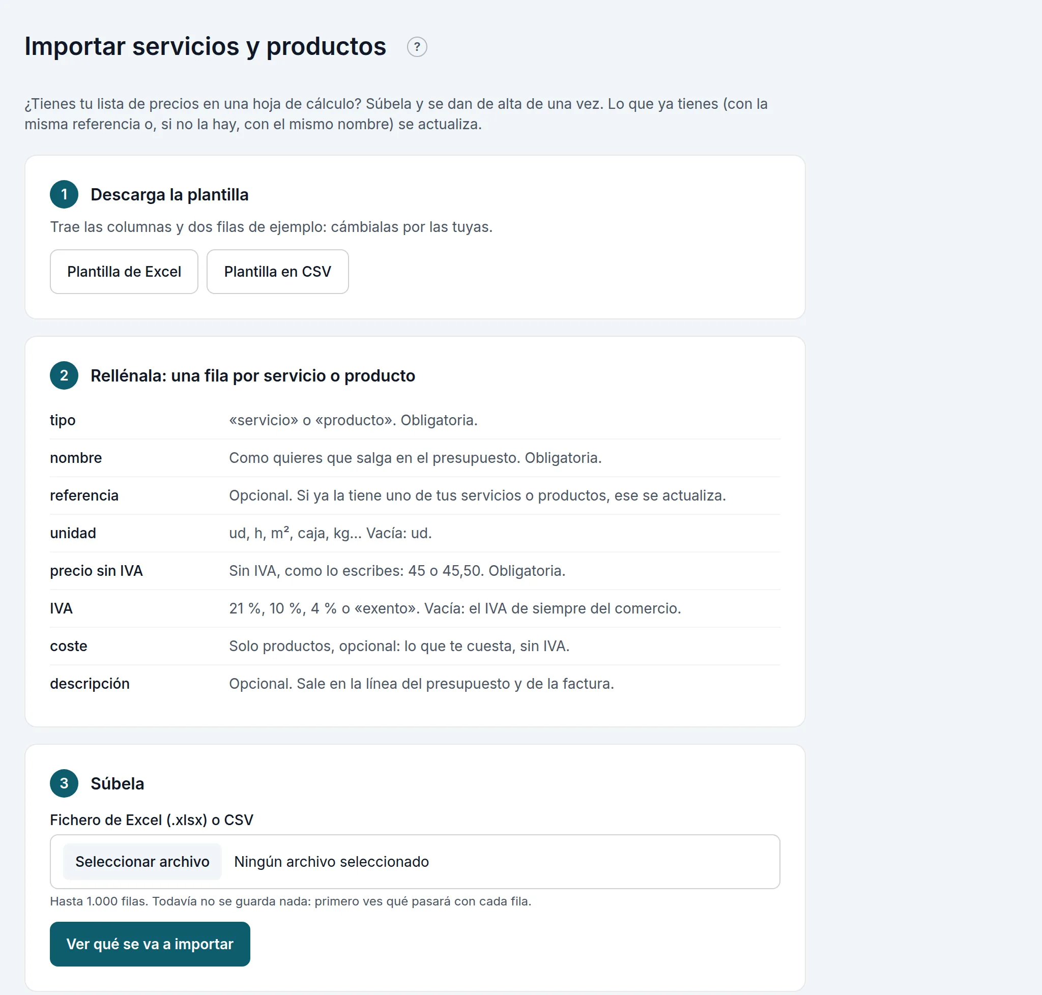 Importar servicios y productos: la plantilla, las columnas y el fichero